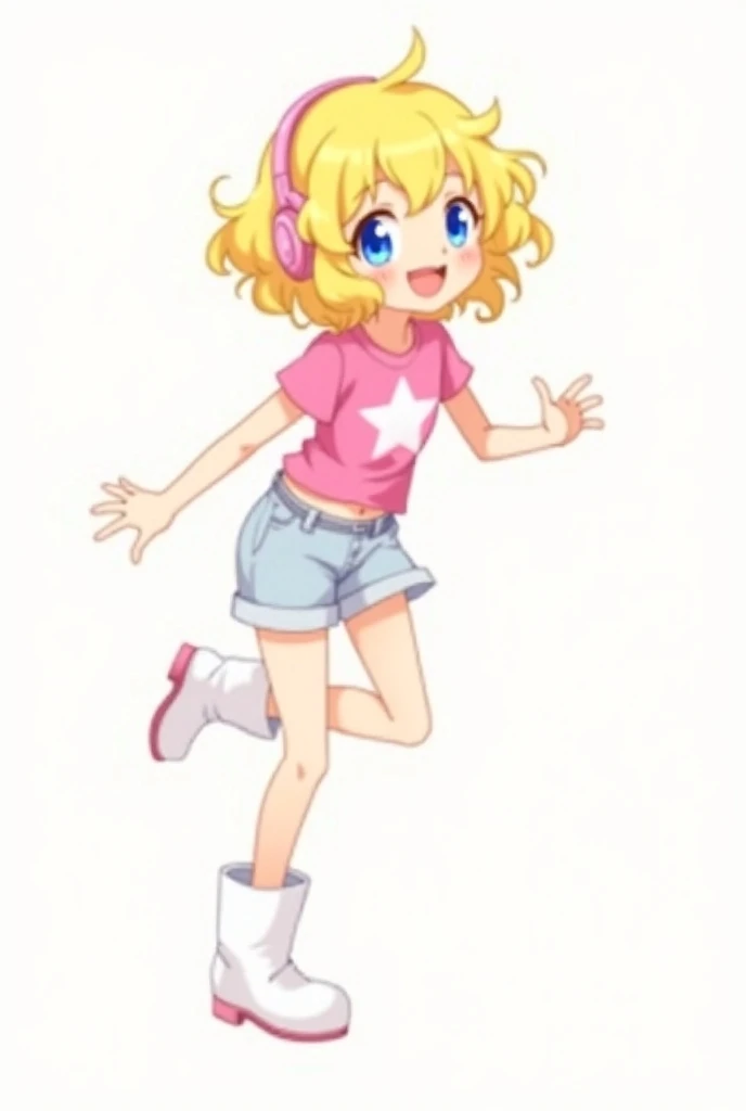 A yellow-haired teenager with blue eyes 
with pink headphones cat with pink shirt and a white star and with short jeans happy with white boots anime version
