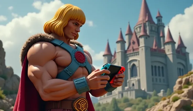 he-man jogando Nintendo switch, castle background 