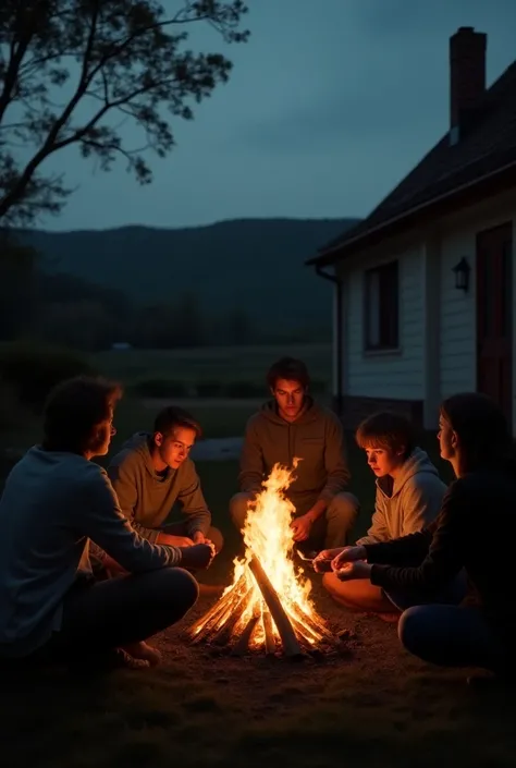 Four young men and women build a bonfire in the backyard of the country house and are scared