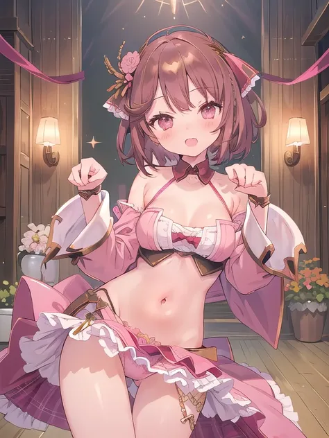  beautiful illustration 、( Pink Idol Costume:1.3),((Navel exposure))、(( underbust))、bare shoulders、(masterpiece、Best Quality、8k ), ( beautiful details ),   very detailed face  ,  full light,  extremely detailed CG, (Perfect hands, perfect anatomy), 1 cute ...