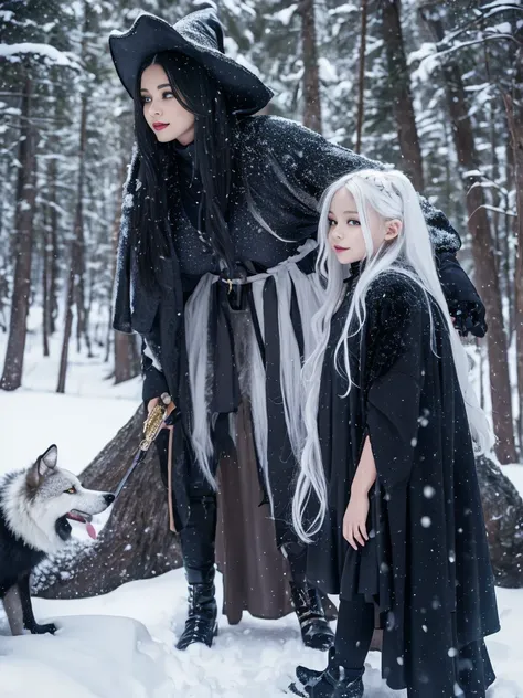 a black girl with white hair, dressed as a witch in a snowy forest with a black wolf on the side