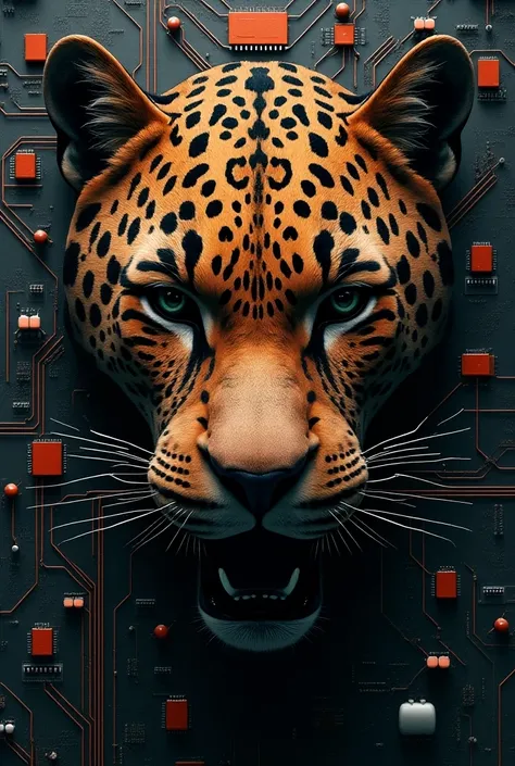 Abstract representation of the face of a jaguar with electrical circuits