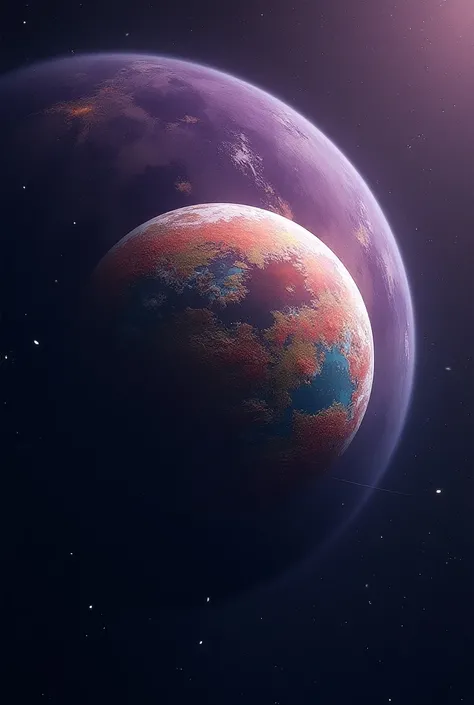 A habitble moon called Kiray with orange forests, blue jungles, green swamps and red mushroom forests. It orbits a purple gas giant called Kete. The image is taken in space.