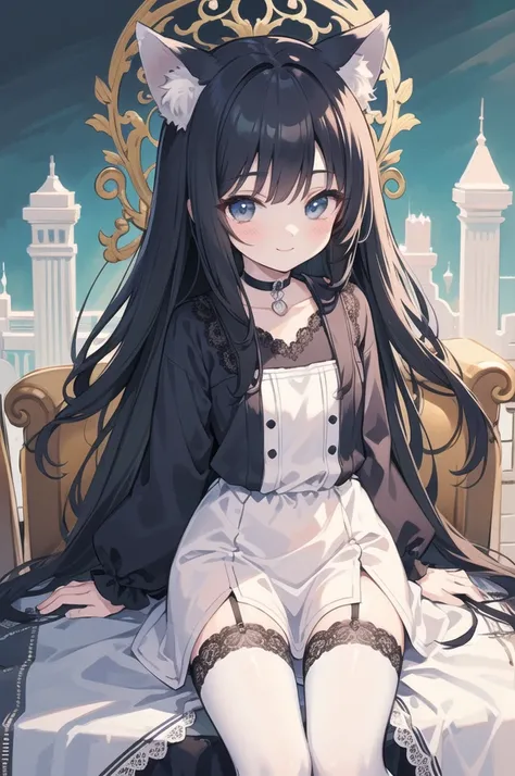 masterpiece,best quality,ultra detailed,(anime illustration, cute picture,bright color,DaysAI V3 style art work), 1 petite boy, wolf ears, wolf tail, black hair, long hair, choker, Gothic dress, garter stockings, super detailed, gorgeous lace, sitting on a...