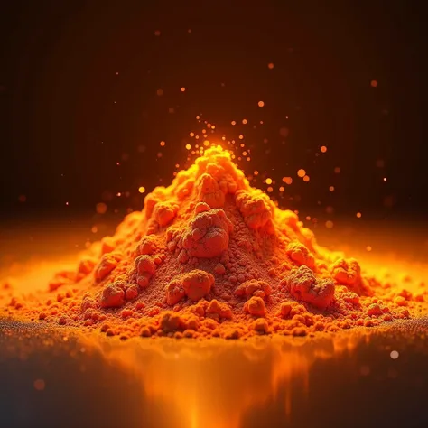  Imagine a pile of powder with a vibrant orange hue ,  resting on a smooth surface that enhances the intense and striking brightness of the color . This powder ,  instead of looking opaque ,  emits a kind of shimmering glow ,  with tiny particles that refl...