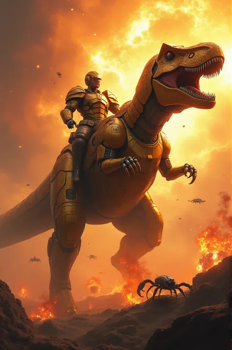  Generate an image of this description :

 A COLOSSAL SPACE GLADIATOR ,  covered in armor from SOLID GOLD and REINFORCED TITANIUM ,  a robot dinosaur! GIANT T-REX ,  of MOLTEN STEEL and ETERNAL FLAMES ,  that flies through SPACE-TIME ,  leaving a trail of ...