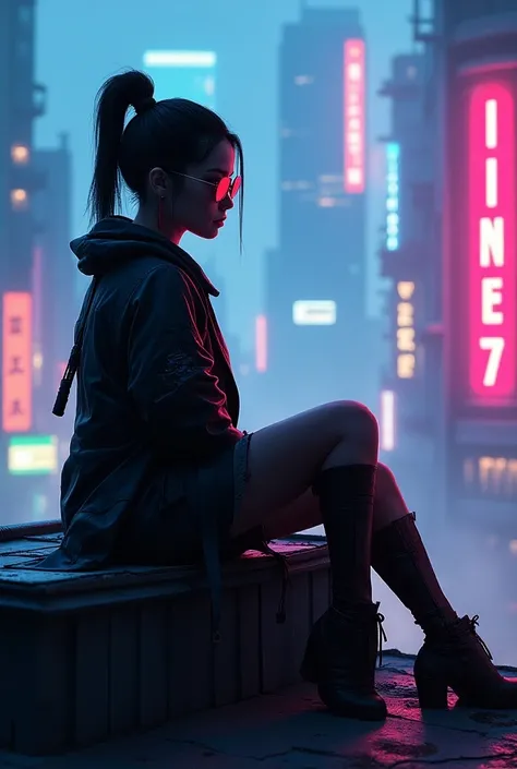 Badass Ronin woman, cyberpunk theme, sunglasses, neon, sitting on top of small building, side view