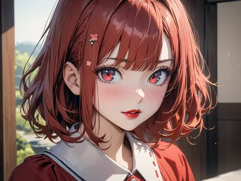 (masterpiece),( Best Quality :1.0), ( Ultra High Resolution :1.0), Detailed description, 8K,  Japanese cartoons , 1 Girl, beautiful  Japanese cartoons  girl,  Wearing a red dress ,  corolla,  pretty face,  detailed facial ,  beautiful eyes,  Careful Eye,  ...