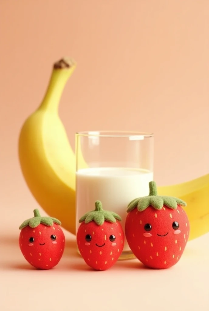  small strawberry stuffed animals, banana and glass of milk 