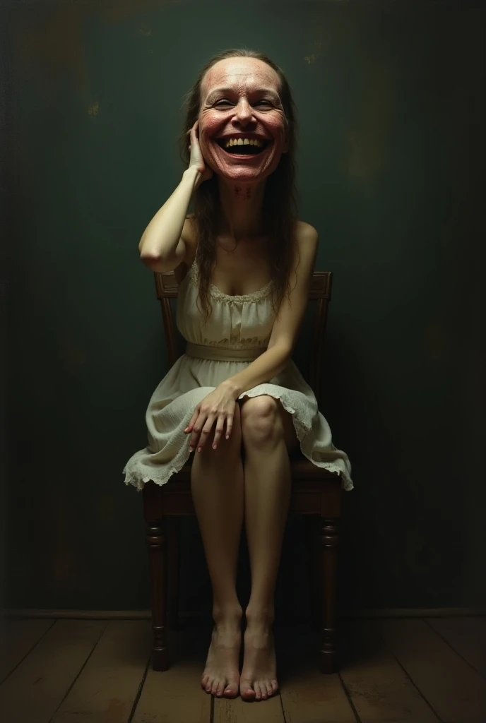 Oil painting portrait of headless woman sitting and carrying her own severed smilibg head creep