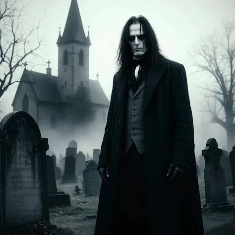 "A realistic, high-quality black-and-white photograph of a tall, gaunt, and eerie man standing in an old, foggy graveyard with a gothic church in the background. The man has long, unkempt dark hair and a pale, haunting face with deep-set eyes and an intens...