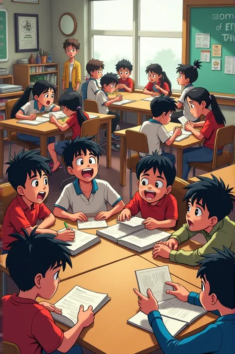 Drawing of groups of excited ren reading in an animation classroom 