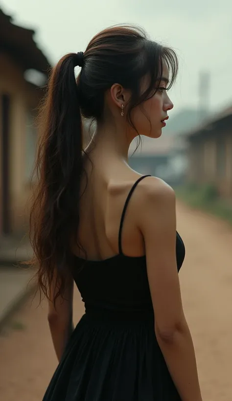  1 Girl, Japanese、 Mourning clothes、cute、 Tank top、 Long Hair, Alone,  Kampala ,  anatomically correct, Rear view,  Blurred Background ,  big chest, Brown Hair, とてもLong Hair,  ponytail,  lens flare , 