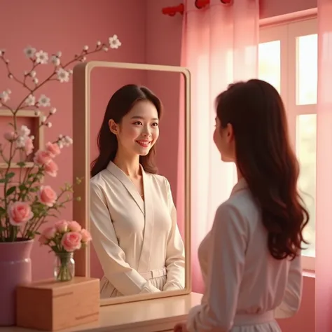 A hyper-realistic image of a salon room with vibrant, yet soft pink walls, adorned with elegant floral accents. A woman stands in front of a mirror, smiling confidently at her reflection. Her face is softly illuminated, showing a natural and radiant comple...