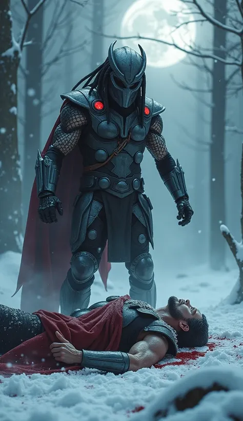 "A hyper-realistic, high-definition scene depicting the Predator standing over the lifeless body of Thor, in a dark, snow-covered forest, with a chilling atmosphere of victory. The Predator’s form is imposing and menacing, its armor dark and battle-worn, g...