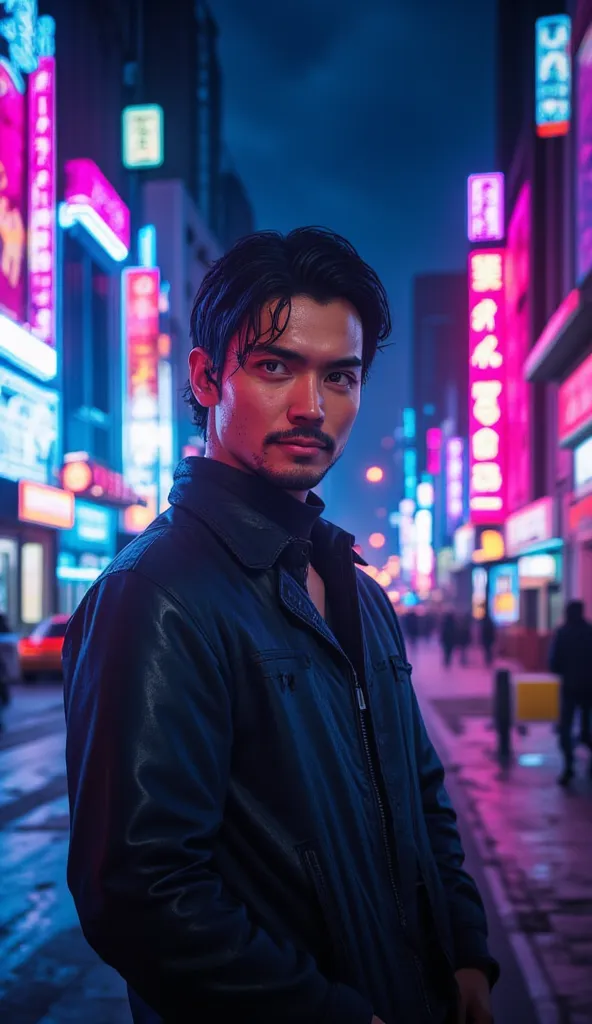 (vibrant city nightlife lighting) {a strikingly attractive man standing confidently on a bustling city street at night, illumina...