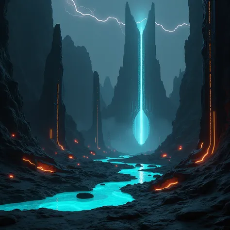 A desolate, cybernetic alien landscape of Nexis Core, where smooth, obsidian-like rock formations and dark metallic ridges dominate the terrain. Pulsating neon orange cables emerge from cracks in the ground, intertwining with metallic spires and jagged bla...