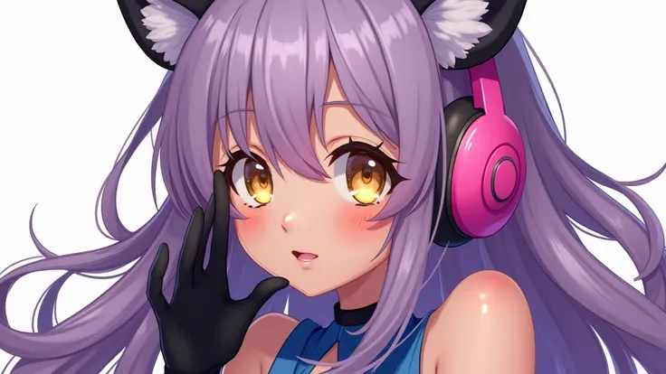 create a 2D image of a Neko anime vtuber girl with long light purple hair,  brown-brunette Latin-American skin ,   yellow eyes , sleeveless blue dress ,  with long black gloves ,  and with a pink headset making ASMR , Definition of a juvenile body without ...