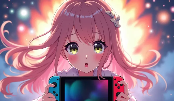 Princess close to the screen advertising the Nintendo Switch, Explosions background