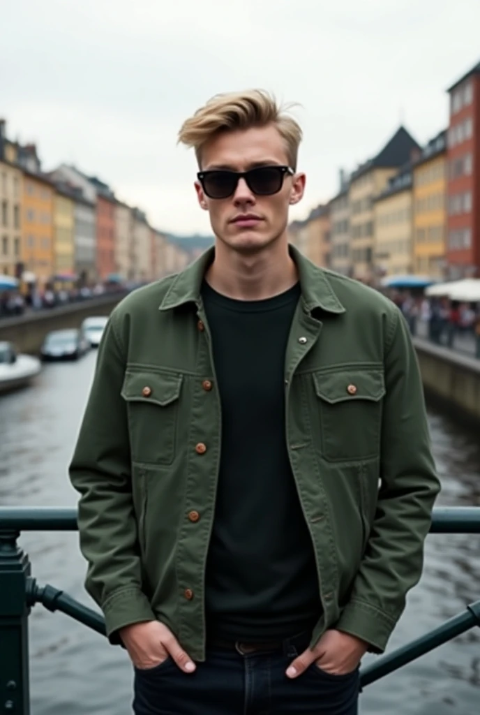 a blonde haired guy with sunglasses and a green stands with his hands on a bridge in Stockholm and the background of the photo is blurred