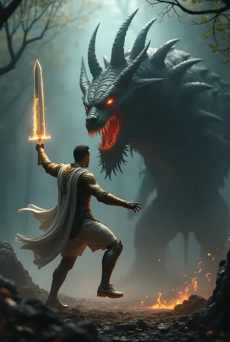 Cristiano Ronaldo Battling a Mythical Beast
Description: In a dense, mist-filled clearing, Cristiano Ronaldo faces off against a fearsome hydra-like creature with multiple heads and glowing red eyes. His Eternal Valor Armor gleams brightly against the dark...