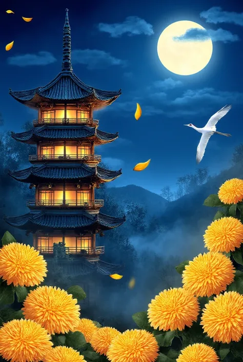 Create image: A vertically oriented scene depicting a tranquil night setting. The foreground is laden with large, vibrant golden-yellow chrysanthemums, the details in their petals meticulously rendered with orange and white highlights, giving the illusion ...