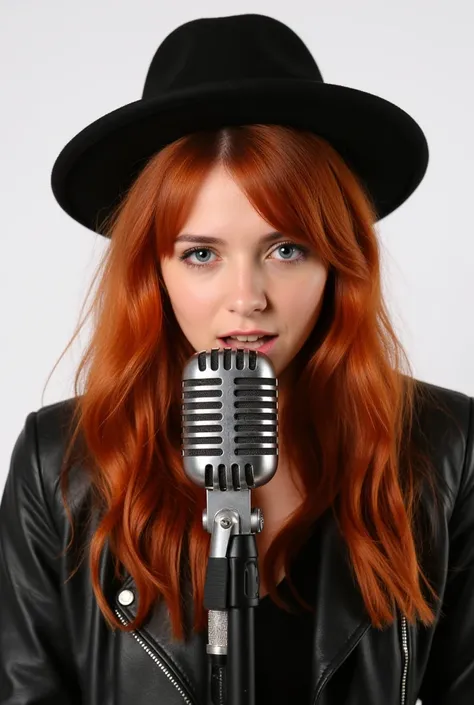 portrait of a cute beautiful tender red-haired girl 30 years old singer in a black hat and leather jacket sings into a vintage microphone on a white background