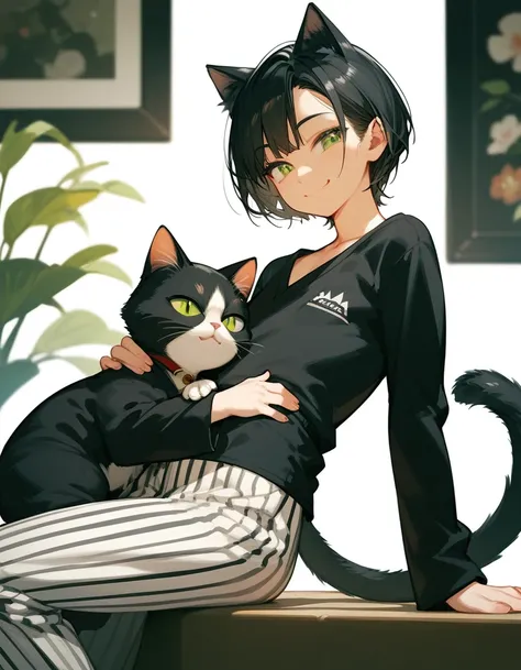 Girl half cat,Cat ears,Black hair, in green eyes ,Short hair,bob,Flat chest, Black Long Sleeve Shirt,Black yukata,With cats tail ,Sleek , Trousers,Smile, rejoice,milf