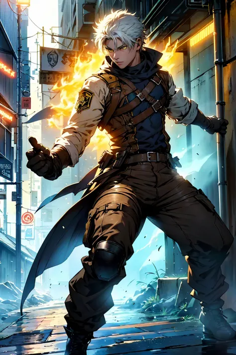  Young wizard with calm expression and confident look, In a boxing-style guard ,  Short white hair,  bright yellow eyes ,  wearing brown shoulder holster with a cleaver, ((Kento-Nanami )),  wearing half-finger tactical gloves, military boots, black and gra...