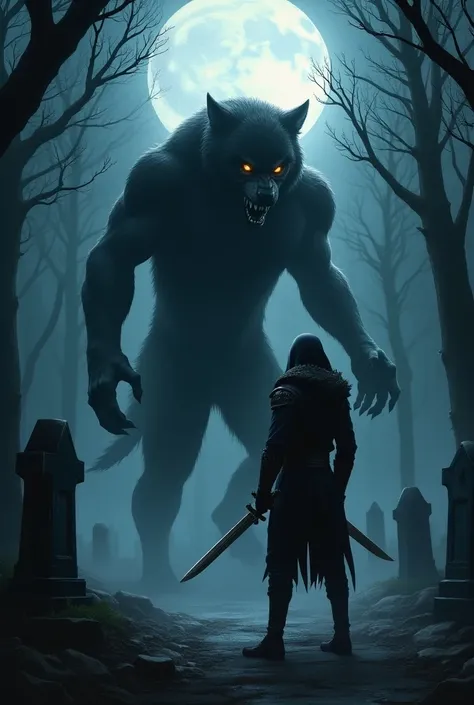 Blade faces a towering werewolf in an eerie graveyard under the full moon, swords gleaming in the dim light.