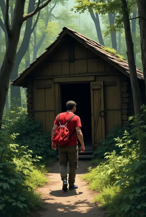 Can you create for me the cover of a book showing a man entering a cabin. Il porte un t-shirt rouge et Un cartable rouge 