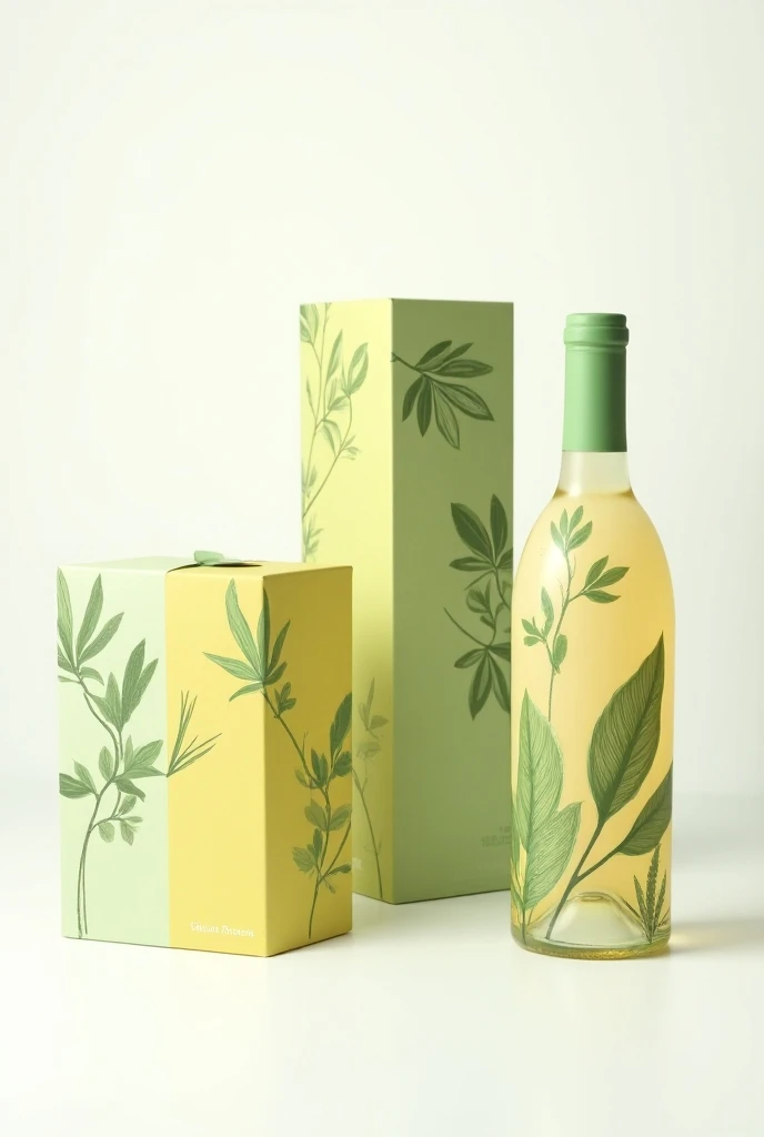 Create wine boxes , And a wine bag , sophisticated,  inspired by Henri Rousseau realistic details white background, apenas uma Caixa amarelada e verde limão com detalhes de folhas silvestres delicado e sophisticated 