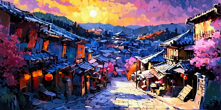 Create an anime-style, highly detailed flat art scene depicting a Japanese neighborhood at evening with warm sun rays casting dramatic shadows. The scene should include a street that winds above a mountain, with vibrant purple and orange colors filling the...