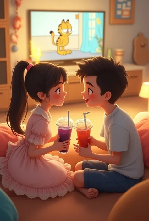 A cute girl wearing a cutest frock watching Garfield on TV with her cute boyfriend while drinking a bubble tea