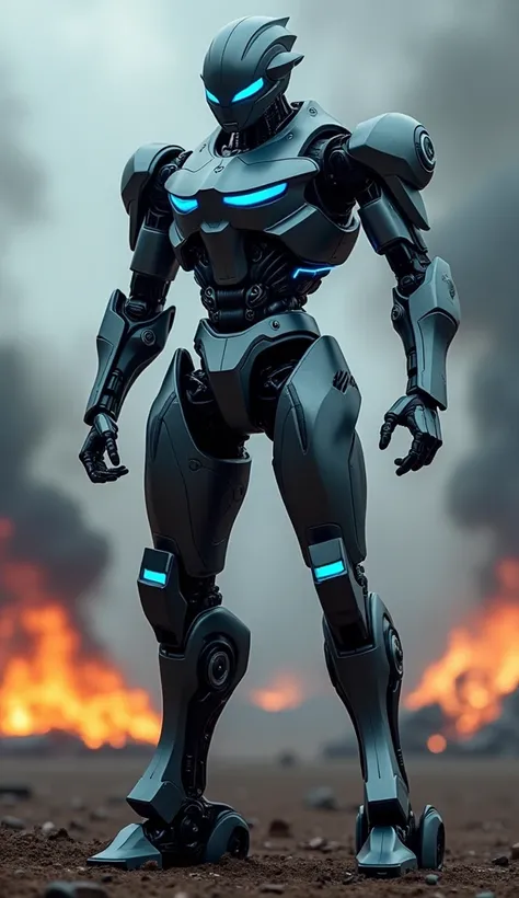 "Generate an image of a futuristic war robot with a sleek, BMW-inspired metallic design, standing in a powerful, imposing stance on a battlefield. The robot features blue LED lights reminiscent of luxury car headlights on its chest and helmet. Its body has...