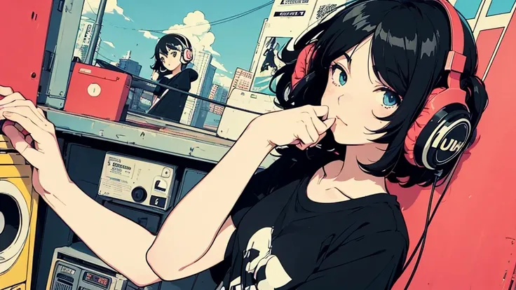 (flat color, retro, low contrast), (lofi), (1 girl, black hair, t-shirt, headphone), (summer sky, wall with anime posters)