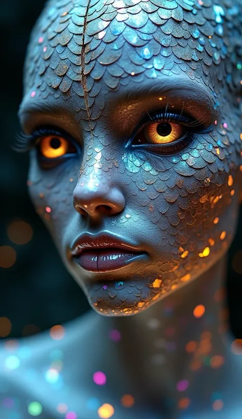  A very close up of a humanoid face ,  completely covered by small mirrored scales of triangular and faceted shapes .  The scales are aligned in precise patterns ,  enveloping the surface of the face as if it were an armor made of light .  Each scale refle...