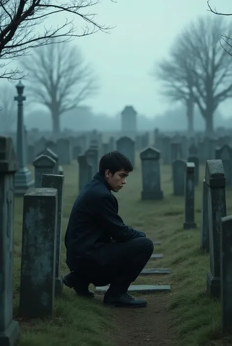 A young man crouches by the many graveyard