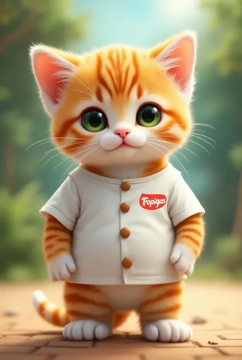 kitten standing, gordo panzon , white with orange stripes ,  green eyes, with a t-shirt with buttons, Sized , white color 
, sleeve 3 fourth and that says TROPIGAS with red letters on the left side of the shirt