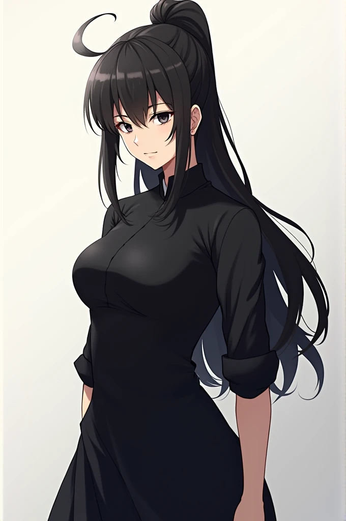 Female anime character with sleepy black eyes and she is so strong and have muscles and she wear a plane kurti type of dress color of the dress is black and her hair is very long but she tied up as Japanese high bun
