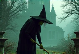 haunted mansion with a green witch in a pointed hat and black clothing, sweeping the yard