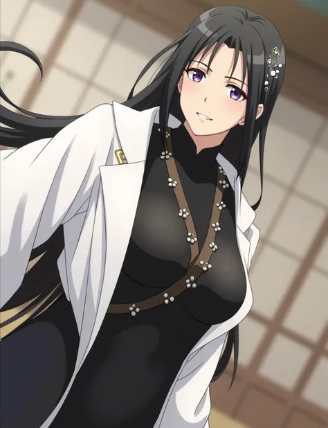 White and black kimono ,  long black hair ,  smiling white face, unohana retsu de bleach, Big Large breasts, neckline 