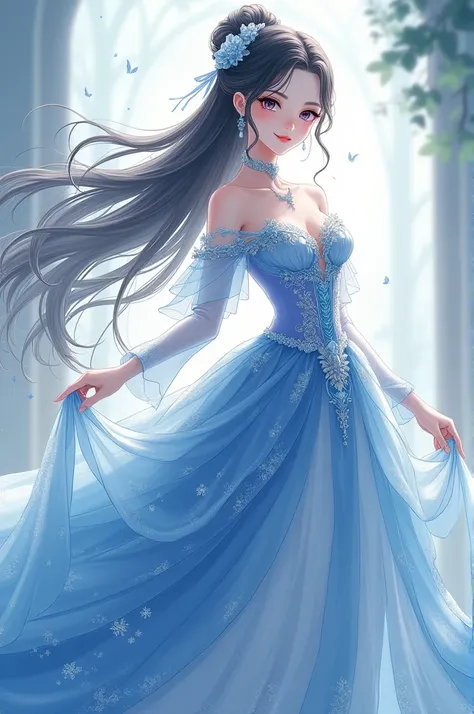 Anime girl with beautiful blue and white long gown and hairs elegant 