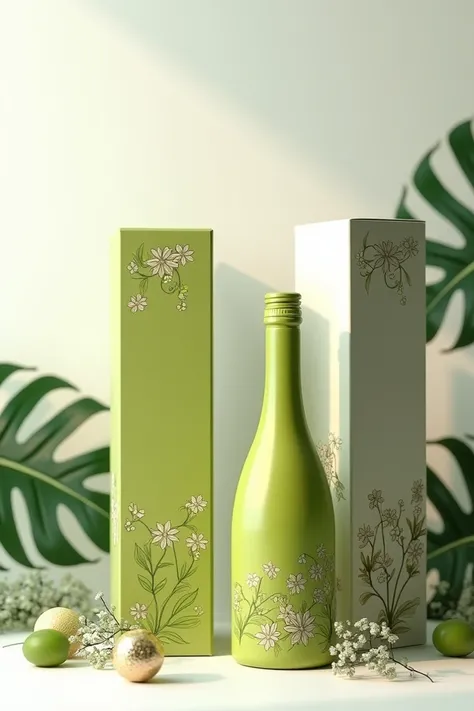  Wine boxes , And a wine bag , sophisticated,  inspired by Henri Rousseau realistic details white background, apenas uma Caixa verde limão com detalhes de folhas silvestres delicado e sophisticated inspirado no quadro Surpreendido!  by Henri Rousseau prett...