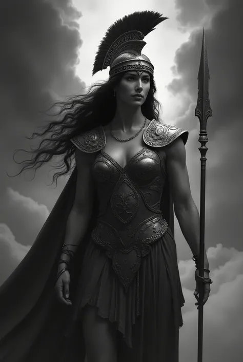 Face Greek goddess Athena , black hair,  Greek helmet with wings,  shes holding a spear and wearing armor, surrealism, Black and White Ultra HD 