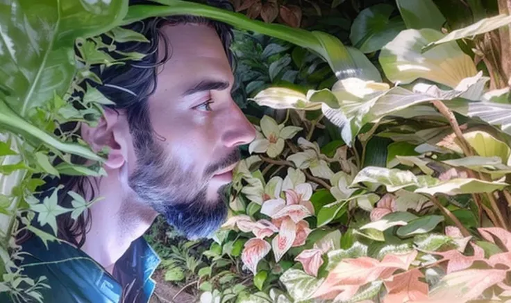 there is a man that is looking at a bunch of fruit, covered in plants, amongst foliage, discovered in a secret garden, next to a plant, profile photo, overgrown with huge rare fungus, covered in vines, in a liminal underground garden, overgrown with orchid...