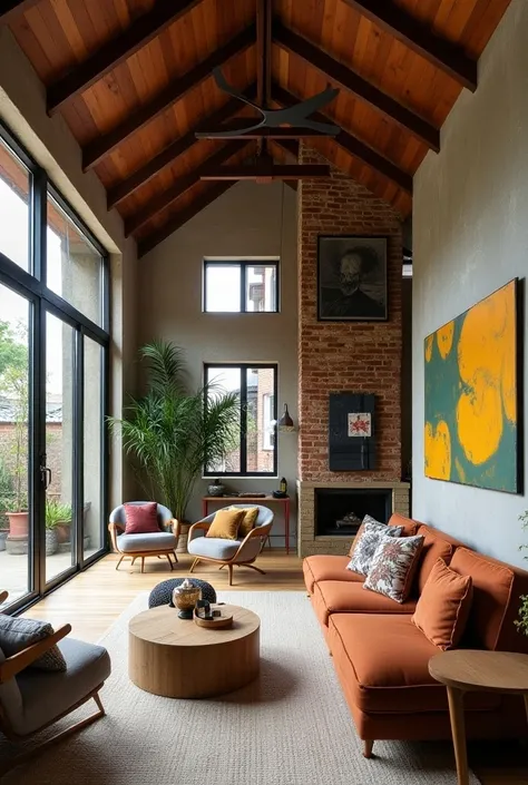  Interior of type house " house chorizo " Buenos Aires ,  with high roof , recycled ,  modern and recycled furniture
