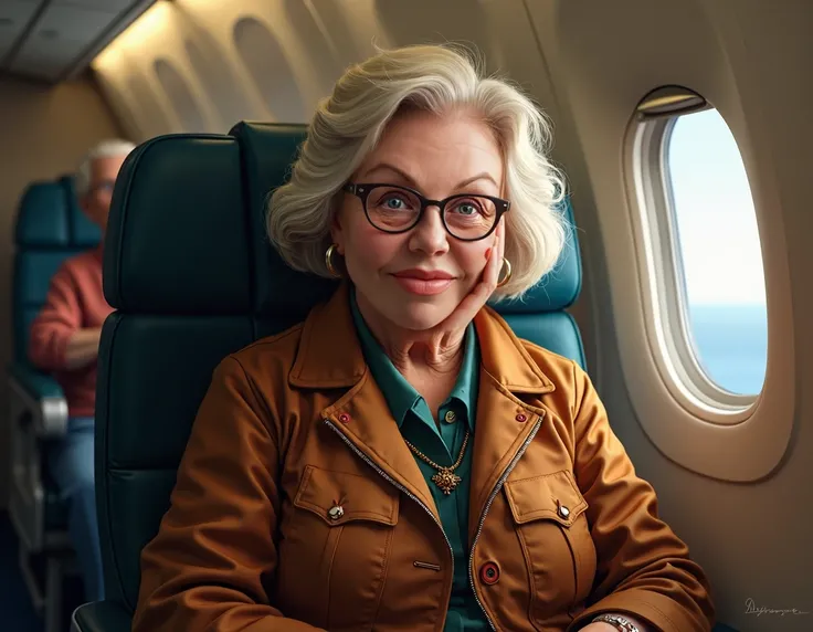  old woman,  She has been flying on a plane for 60 years,  she has blond hair ,  bob hairstyle . Her facial features are round . Body composition is plump.