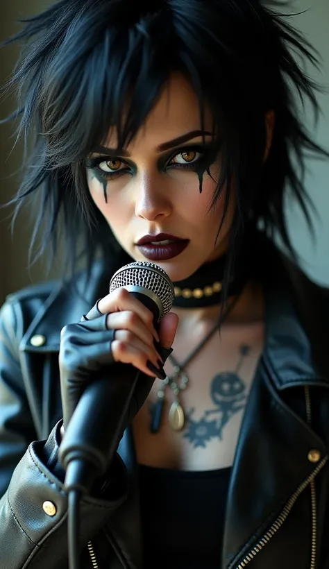 a close up face of woman in punk attire, leather jacket, heavy dark make up, with a black emo hair holds the microphone,