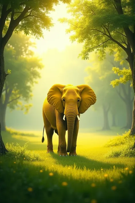 Visuals: The yellow elephant walks through fields of golden light, surrounded by lush green trees. The sunlight filters through the leaves, casting a golden glow.
